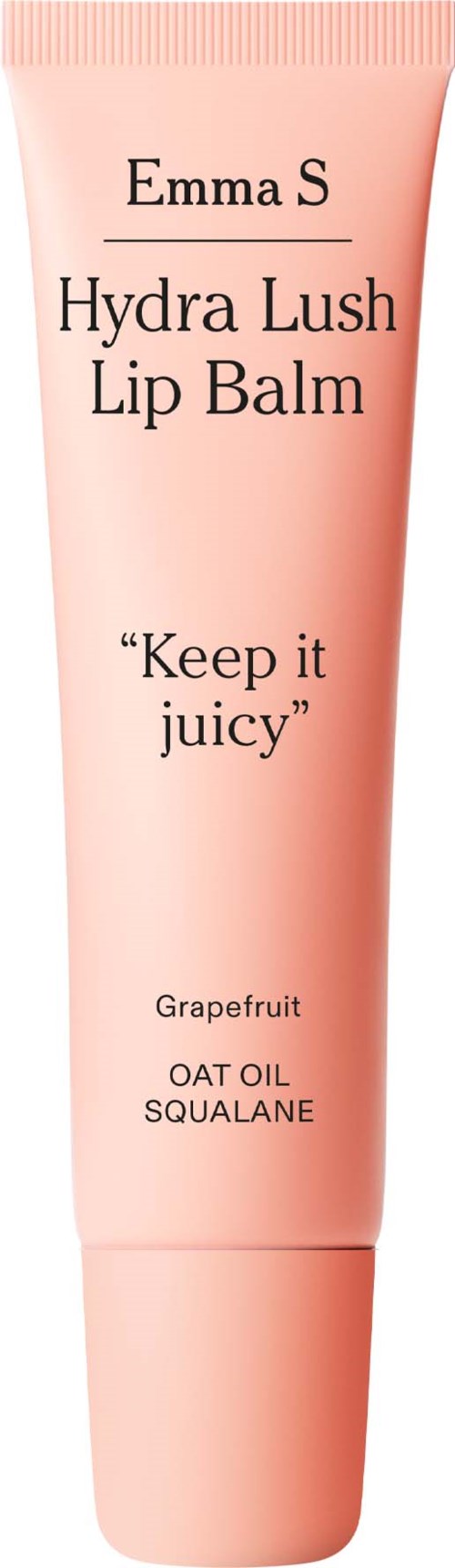 Roze tube Emma S Hydra Lush Lip Balm met grapefruitgeur, havOlie en squalaan. Tekst zegt Keep it juicy.