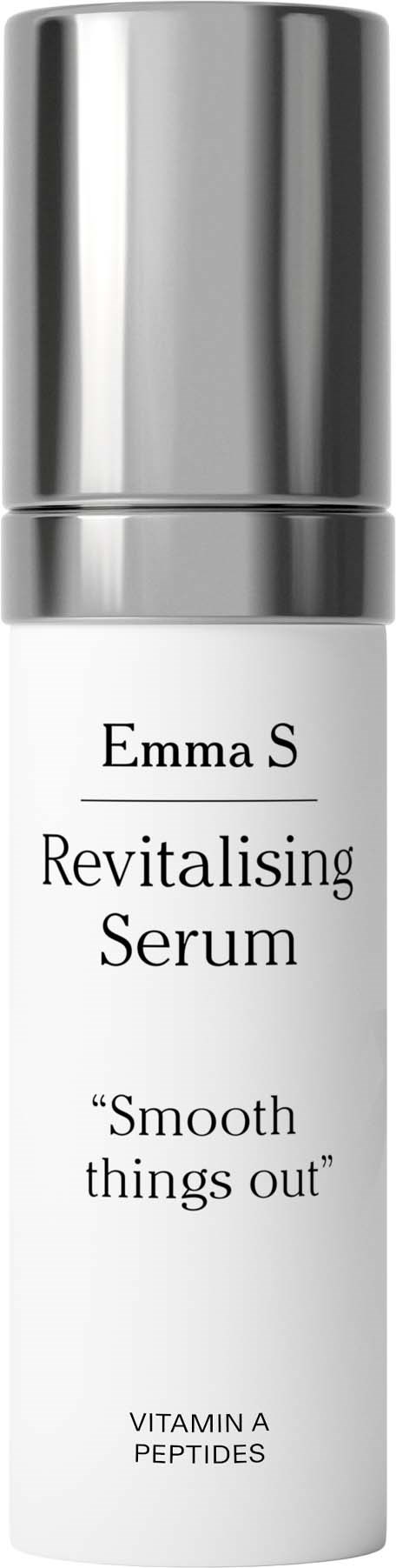 En vit hudvårdsflaska med en silverlock, märkt Emma S Revitalising Serum med vitamin A och peptider.