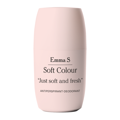 En hvid rulle-ud deodorant beholder med sort tekst, der siger Emma S Soft Colour og Just soft and fresh.
