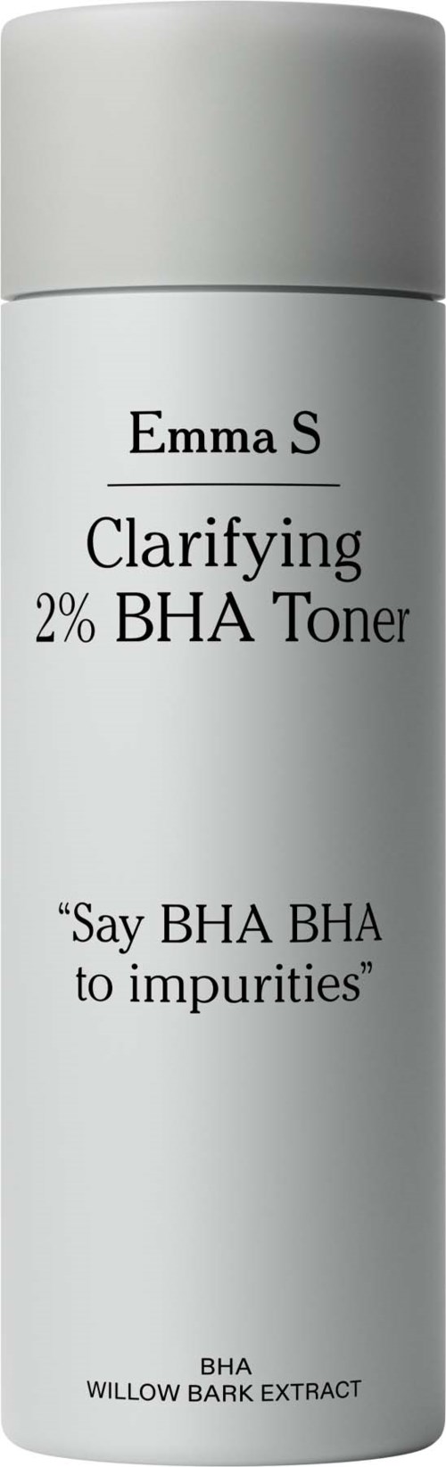 Długa, biała butelka toniku Emma S Clarifying 2% BHA z szarym zakrętką, wyświetla nazwę produktu i slogan.