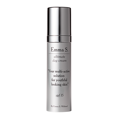 Srebrna butelka z kremem na dzień Emma S. ultimate day cream SPF 15 z pompką.