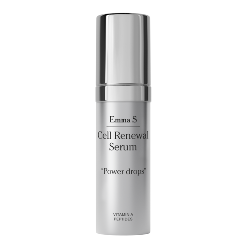 Srebrna butelka z pompką oznaczona Emma S Cell Renewal Serum z Power drops, witaminą A i peptydami na czarnym tle.