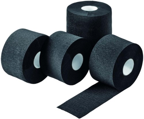 Fyra svarta tejprullar eller materialrullar, varav en är delvis oöppnad och visar en texturerad yta.