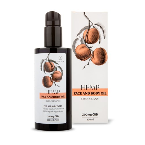 A black bottle and a box with a hemp plant illustration, labeled as hemp face and body oil, 200ml, 300mg CBD.