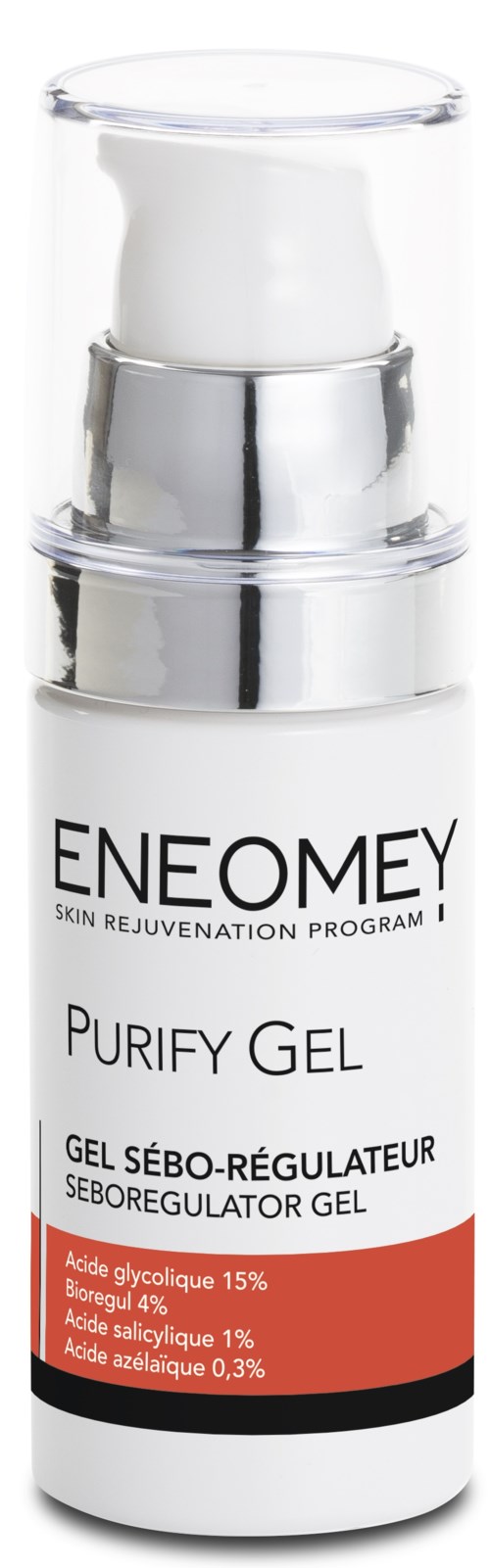 Mała biała butelka z etykietą Eneomey Purify Gel, srebrną pompą i czerwonym oraz czarnym tekstem.