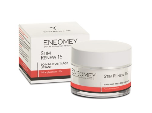 Produkt do pielęgnacji skóry o nazwie ENOMEY Stim Renew 15 z pudełkiem i słoikiem, z tekstem i czerwoną linią.