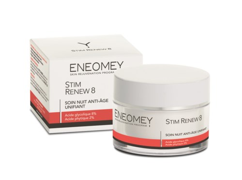 Produkt do pielęgnacji skóry o nazwie ENOEMY, przeciwstarzeniowy, w białym słoiku i kartoniku z czerwonym i czarnym tekstem.
