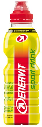 Gul sportdrikkflaske med rød hett og etikett, med ordene 'NEWRIT' og 'sport drink.'