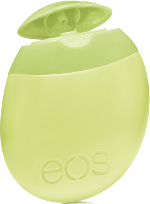 En ljusgrön, oval formad behållare med ett öppet lock, präglad med bokstäverna 'eos'.