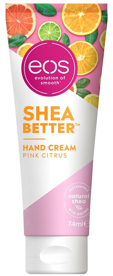 Pink citrusklyftor och gröna blad på en vit bakgrund. Texten säger "eos Sheabutter Hand Cream Pink Citrus".