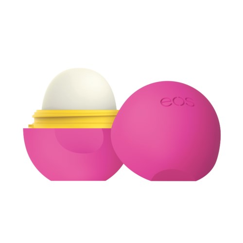 En rosa oval behållare med lock, som visar en vit produkt inuti. Ordet "EOS" finns på locket.
