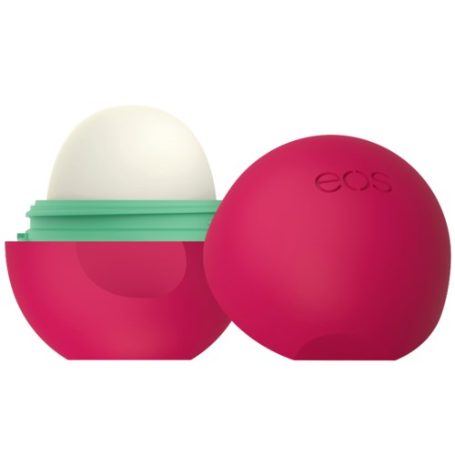 Ett runt rosa fall med öppen lock som visar vita och gröna hudvårdsbehållare inuti, och en extra rosa sfär med 'eos' präglat.