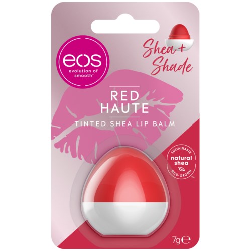 En förpackning med eos läppbalsam i rött och vitt, med en shea och shade-etikett, med en rosa läppgrafik.