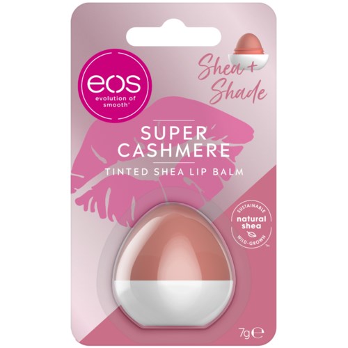Pakke for eos Super Cashmere tonet shea leppebalsam, rosa og hvit design, inkluderer en liten skjellformet beholder.