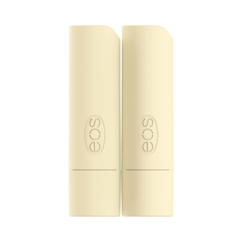 Två beige läppstiftstuber med loggan 'eos' på varje, står sida vid sida.