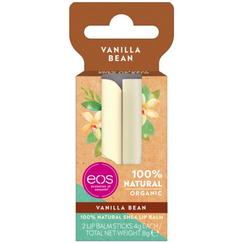 Vaniljbönläppbalsam med naturliga ingredienser i liten tub, dekorerad med vaniljblommor på förpackningen.