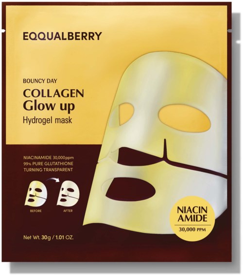 Hudpleie maske mer merket 'Collagen Glow Up' med niacinamide og glutathione, viser før og etter effekter.