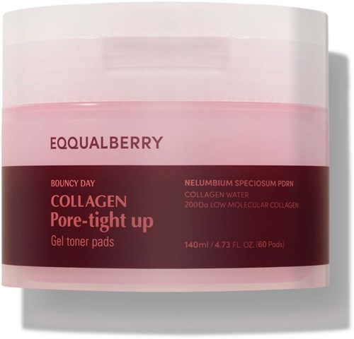 Rosa og mørkerødt beholder for kollagen geltoner pads, merket 'Pore-tight up' av EQUALBERRY.
