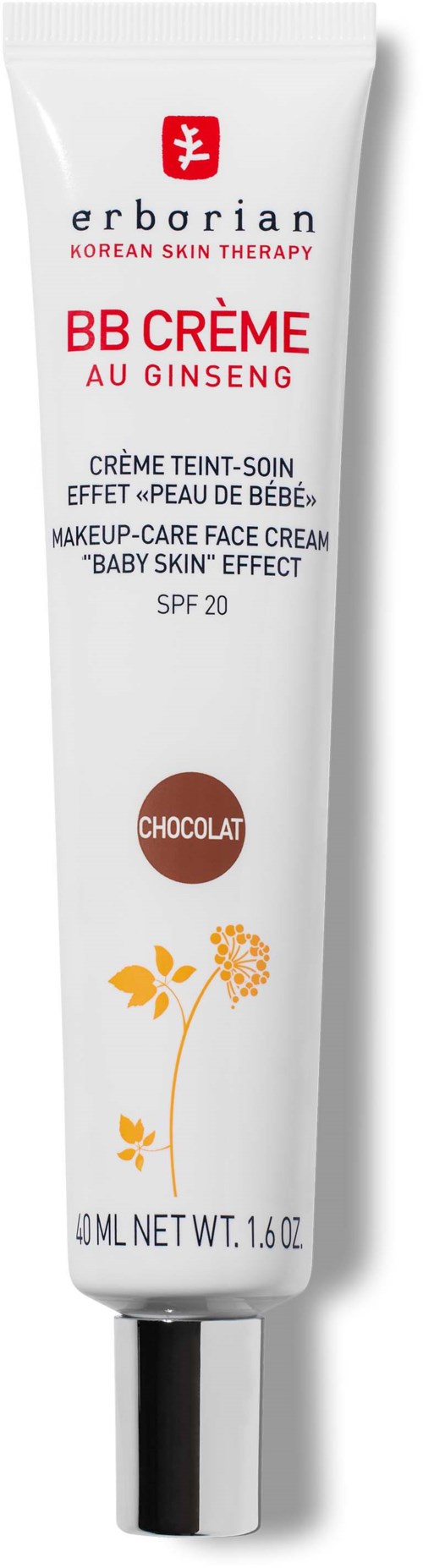 En hvit tube med svart lokk, merket som en koreansk hudpleiekräm for babyhuden, med ginseng og SPF 20.