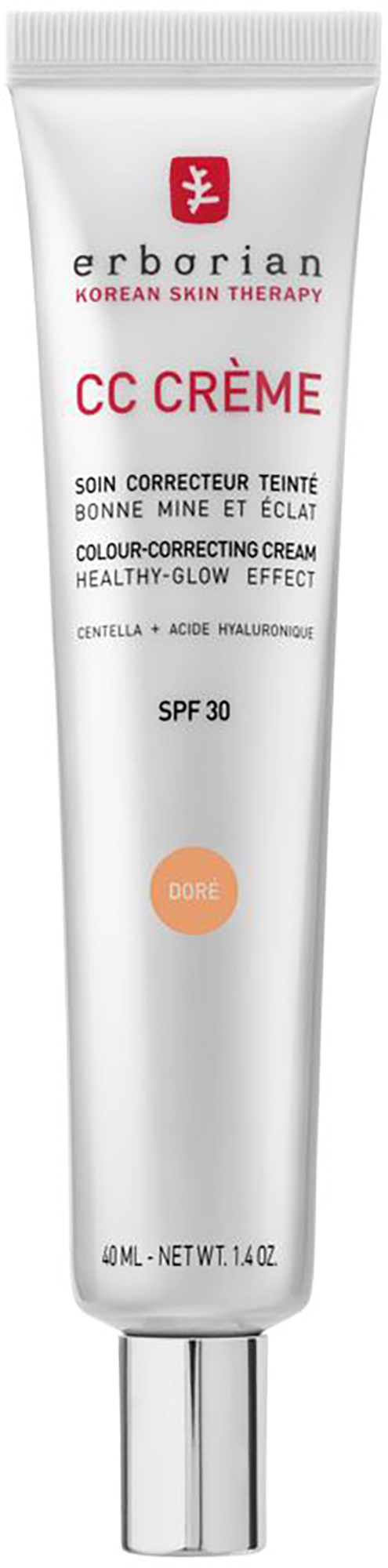 A white tube of Erborian CC cream, SPF 30, for evening skin tone, with a silver cap and red and black text.