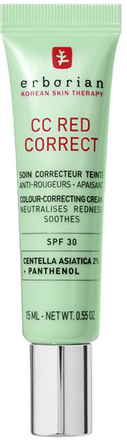 A green tube of Erborian CC Red Correct with SPF 30, containing skin therapy cream for redness and color correction.
