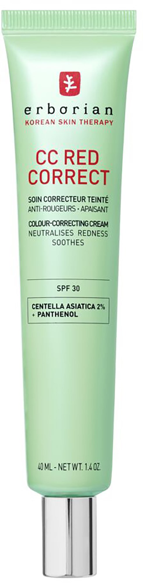 Vihreä puteli korealaiselle ihonhoitovoiteelle, SPF 30 punaisuuden ja ihon korjaukseen.