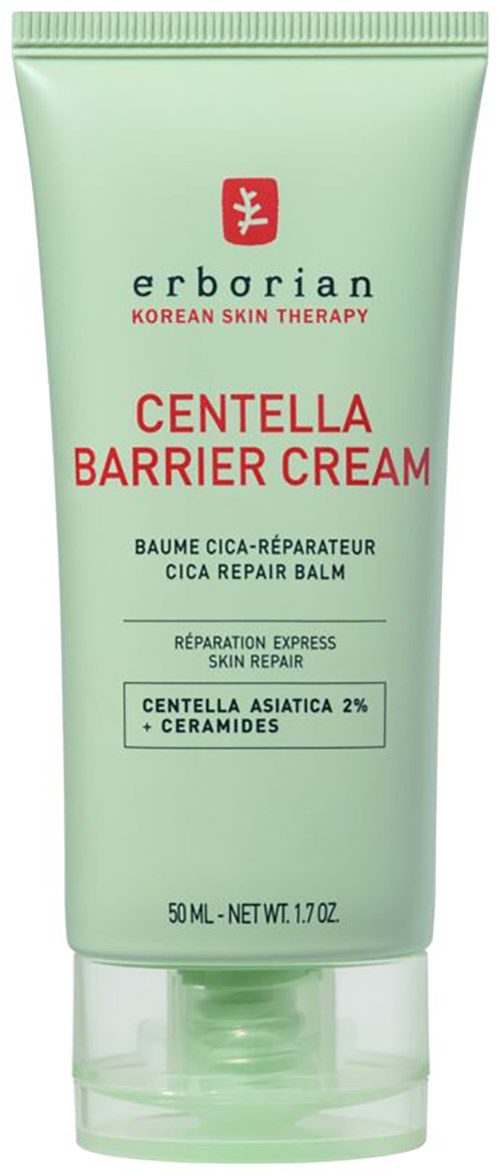 Grøn tube med Centella Barrier Cream med rød og sort tekst og logo. Indeholder hudreparationsingredienser.