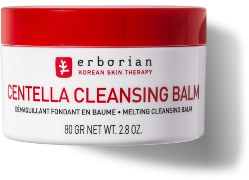 En vit burk med röd lock innehåller Centella Cleansing Balm av Erborian, för att ta bort makeup och rengöra huden.