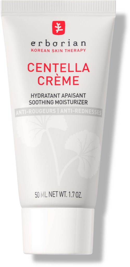 En hvid tube med Erborian Centella Creme med rød og sort tekst, og en svag blomsterbaggrund. Designet til beroligende hud.