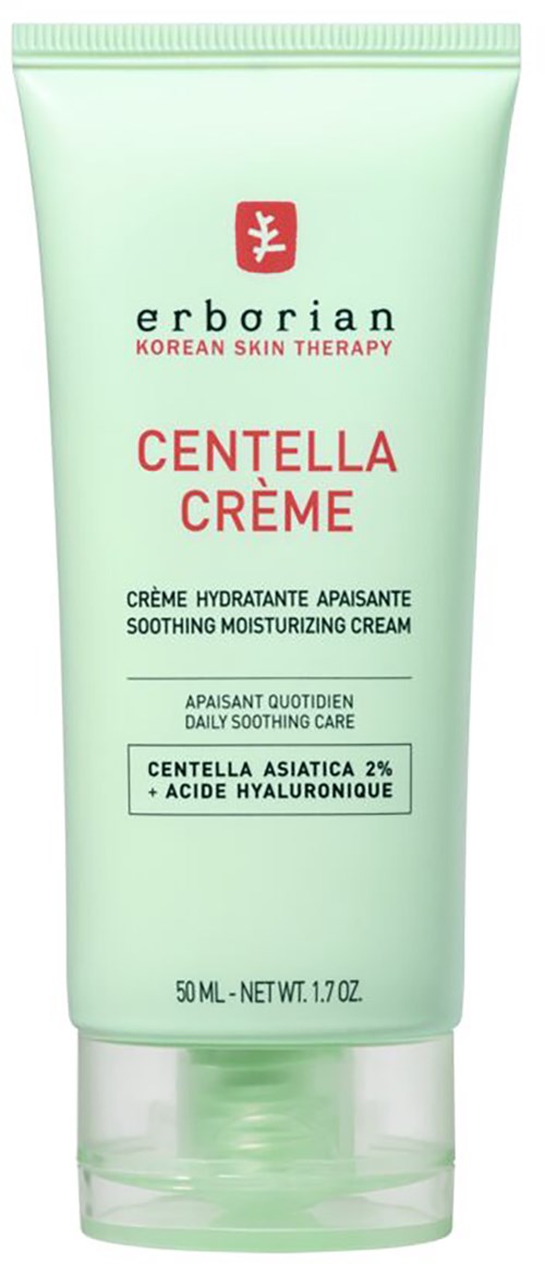 En grøn tubemed mærket Erborian Centella Creme til lindrende og fugtgivende hud, indeholder asiatisk centella og hyaluronsyre.