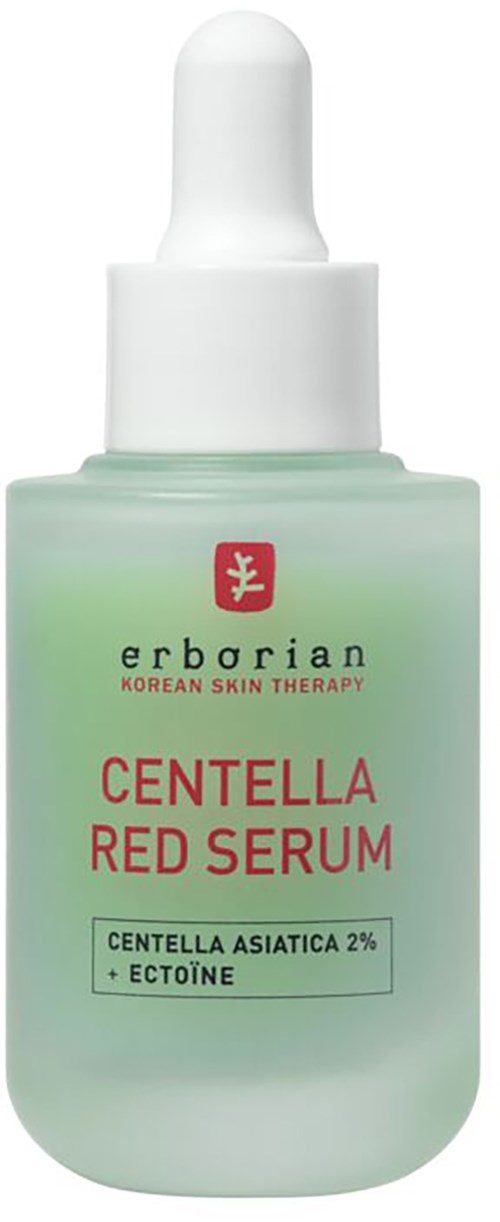 En grøn og hvid flaske mærket Erborian Centella Red Serum, med en dråbetud for hudpleje. Indeholder Centella asiatica.