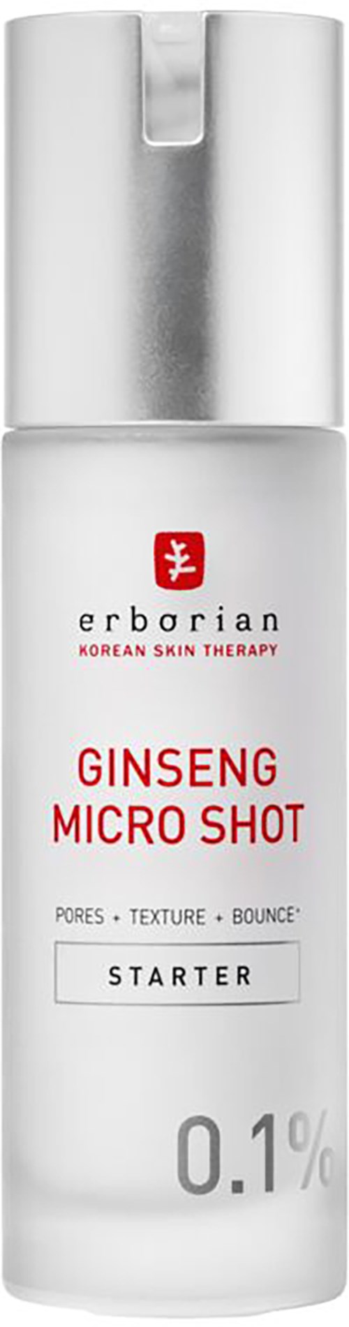 A white bottle with a silver cap, labeled Ginseng Micro Shot for skincare, with red and black text, and 0.1% concentration.