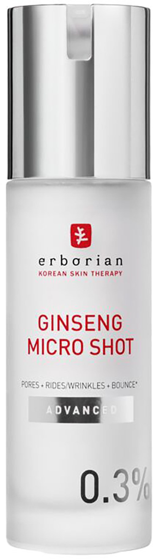 A white bottle with a silver cap, labeled as Ginseng Micro Shot for skin treatment, 0.3% concentration.