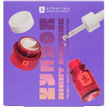 En lilla boks med et koreansk hudpleieprodukt, viser en kremkrukke, en sprøyteflaske og produktets emballasje.