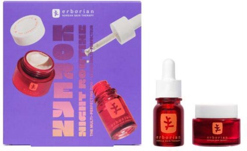 Røde hudpleieprodukter med pipette, krukke og emballasje i lilla og rødt for Erborian.