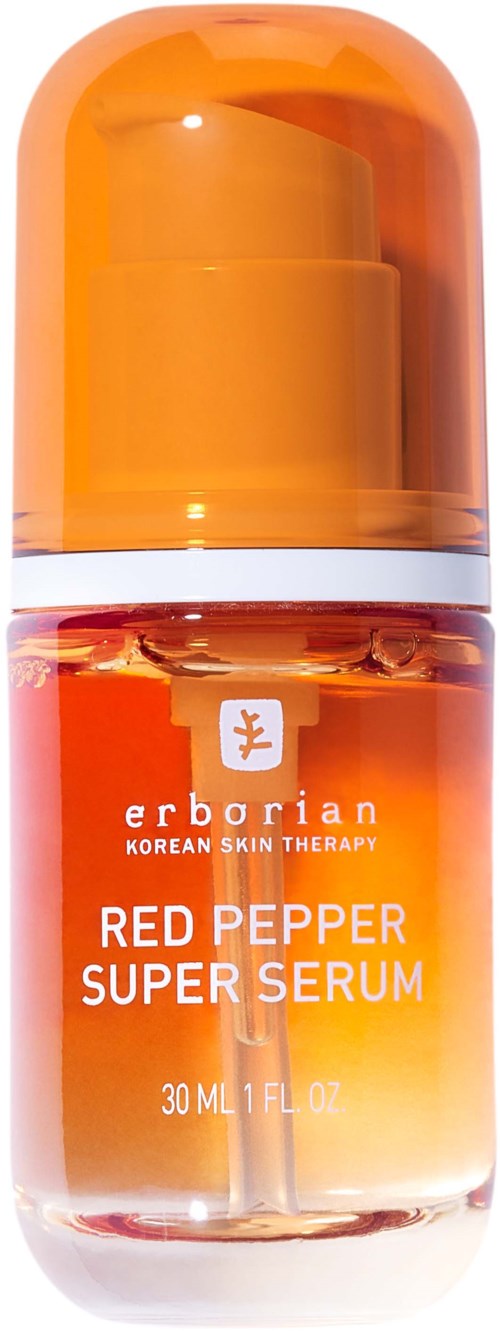 Mała pomarańczowa butelka z pompką, oznaczona 'Red Pepper Super Serum' od Erborian, do pielęgnacji skóry.