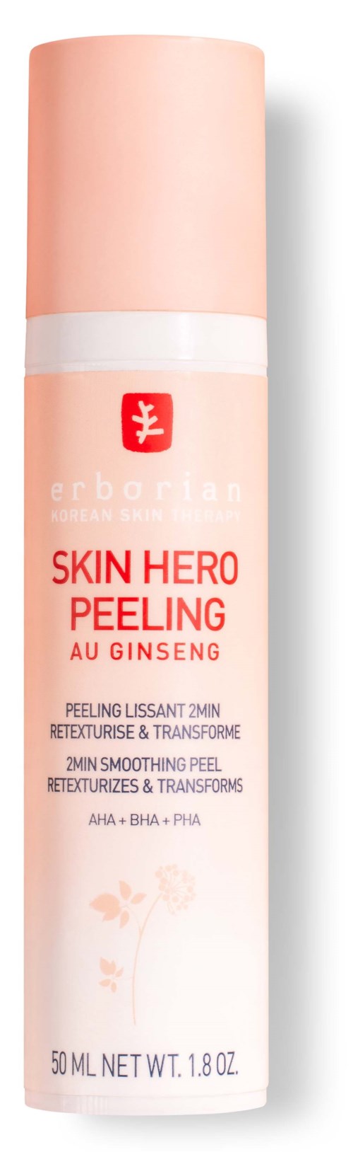 En cylindrisk hudvårdsproduktflaska med rosa lock och vit kropp, märkt 'Skin Hero Peeling' med röd och grå text.