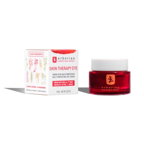 Red jar of eye cream and box with colorful plant illustrations, labeled Erborian Skin Therapy Eye.