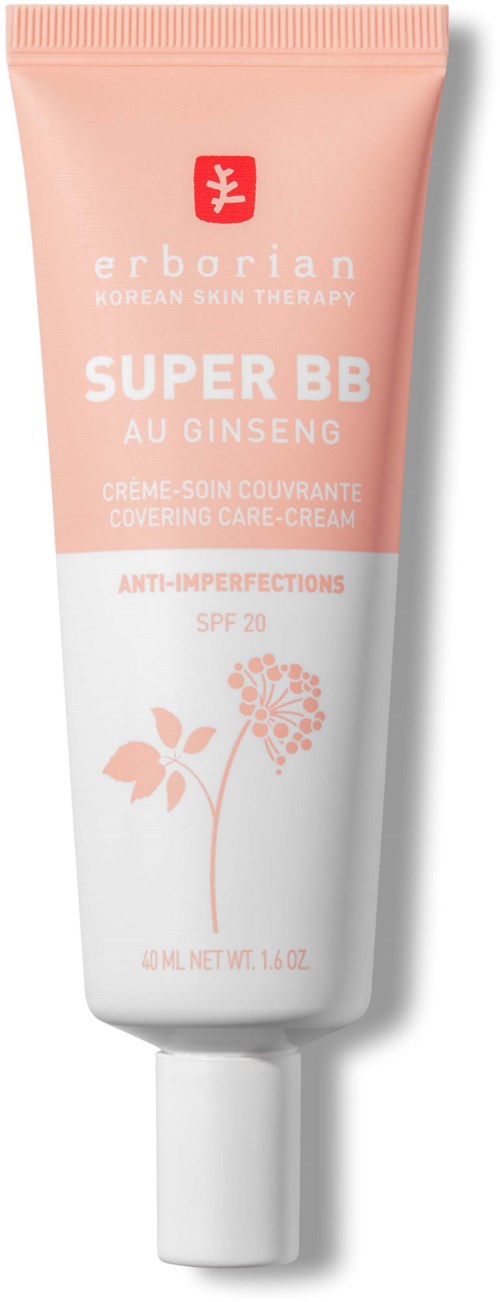 Lyserød tube med Erborian Super BB med Ginseng, SPF 20, anti-Imperfections, og en blomsterillustration.
