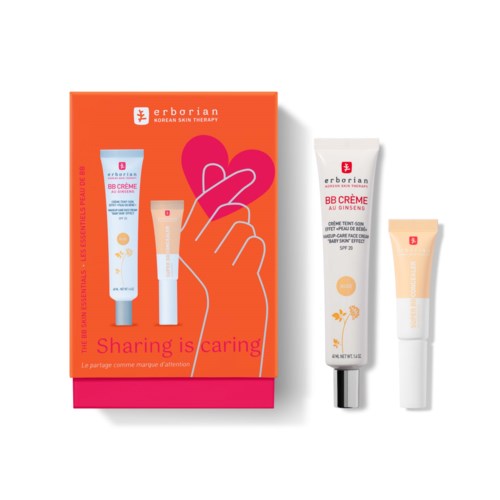 A skincare set with two tubes, one in packaging and one outside, on a white background, promoting caring and sharing.