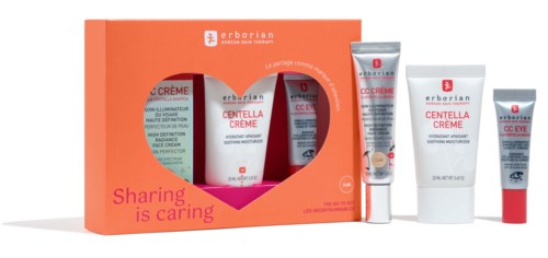 A skincare set with three products in a pink and orange box, including creams and a tube labeled Centella Creme.