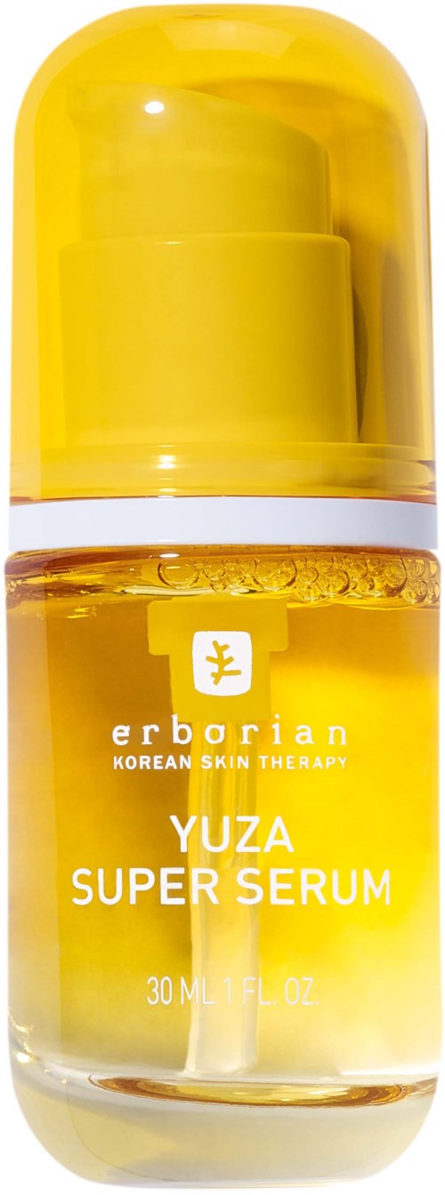 A small yellow bottle with a pump labeled 'Yuza Super Serum' from Erborian, designed for Korean skin therapy.