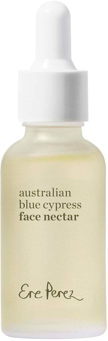 A small glass bottle with a dropper, labeled 'australian blue cypress face nectar' by Ere Perez.