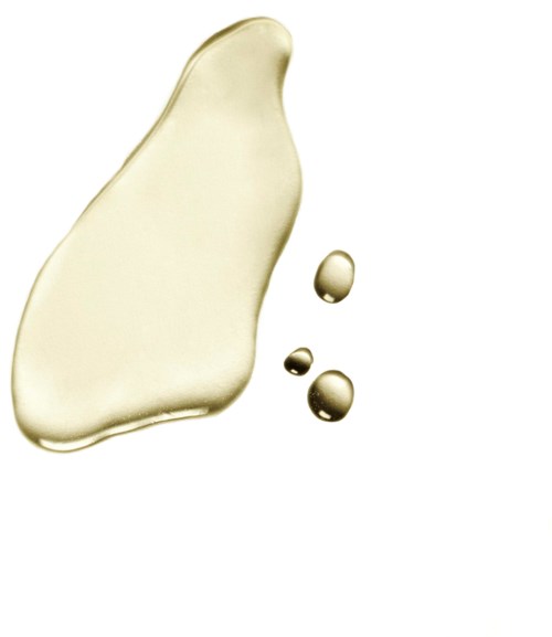 Clear liquid splash with three smaller droplets, set against a white background.