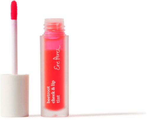 Läppglansbehållare med rosa nyans och applicator, utan lock visar glanset.