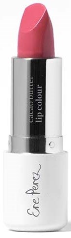 En rosa läppstift i ett silver- och vitfodral. Etiketten säger 'lip colour' och 'CherPer'.