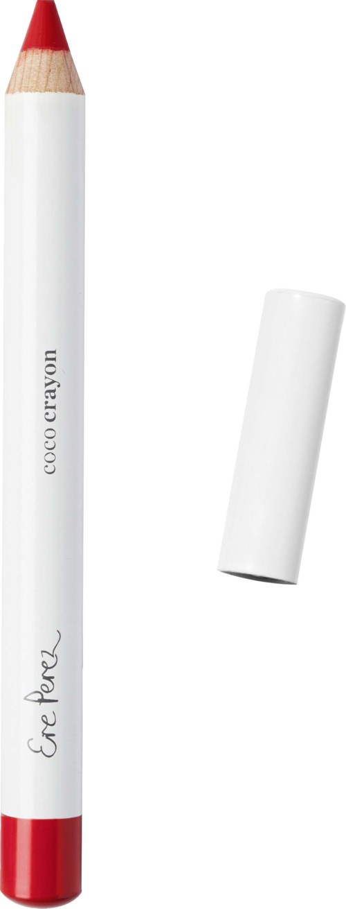 Et hvidt kridt med rød spids og bund, og ordene "eco crayon" og "Eve Pearl" skrevet på den.