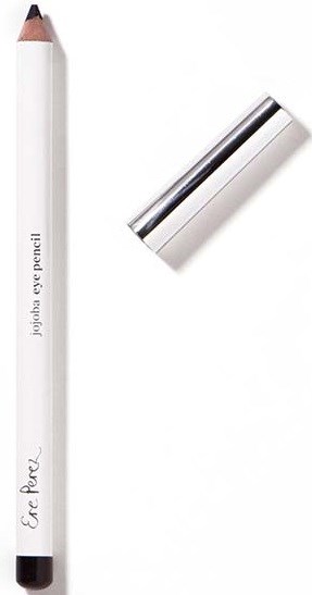 En vit penna med texten 'biotag eye pencil' och ett glänsande silverlock på en vit bakgrund.