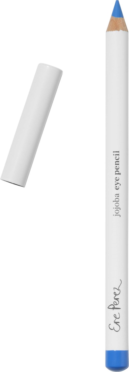 En hvid blyant med blå spids og teksten "jobea eye pencil" skrevet på, med en hvid hætte.