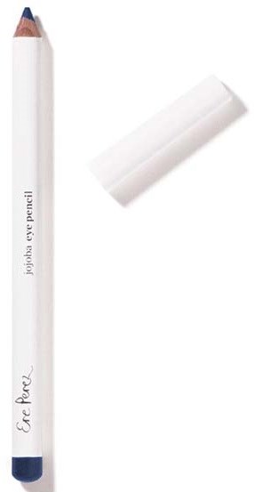 Et hvidt blyant mærket 'jolika eye pencil' med en blå spids og en hvid viskelæder.